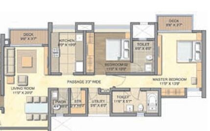 Floor plan of 2 BHK 1336 Sq. Ft. Apartment in Lodha Aurum Grande, Mumbai