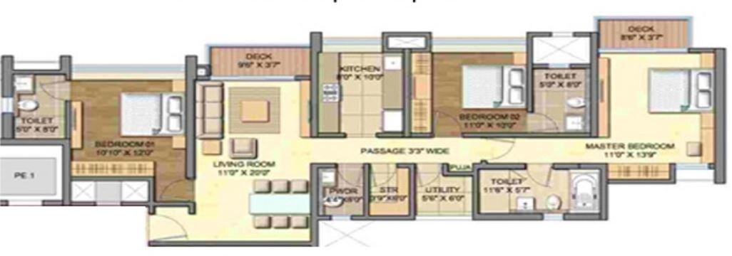 Floor plan of 3 BHK 2800 Sq. Ft. Apartment in Lodha Aurum Grande, Mumbai