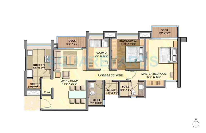 Floor plan of 3 BHK 1404 Sq. Ft. Apartment in Lodha Aurum Grande, Mumbai