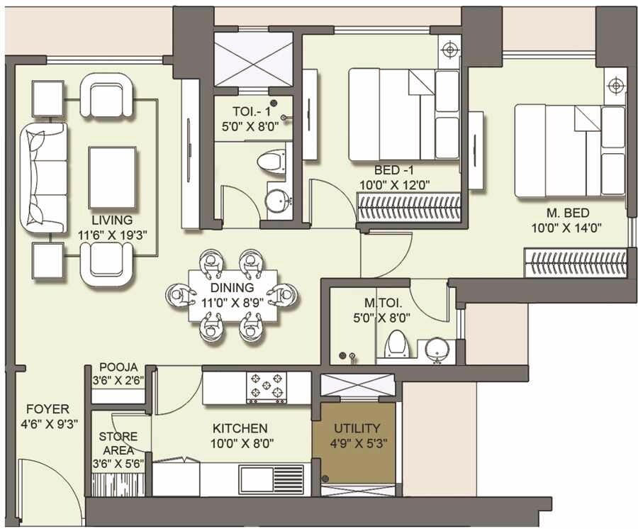 Floor plan of 2 BHK 901 Sq. Ft. Apartment in Lodha Azzuro, Mumbai