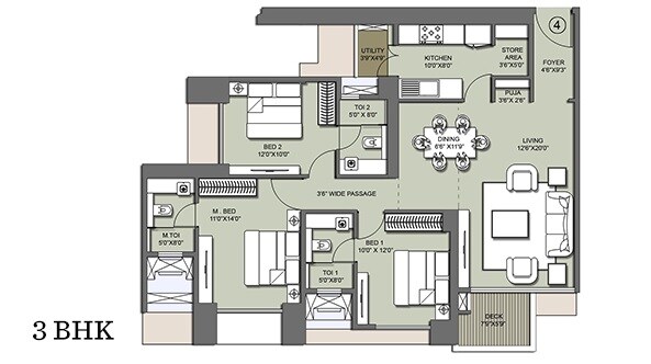 Floor plan of 3 BHK 1098 Sq. Ft. Apartment in Lodha Azzuro, Mumbai