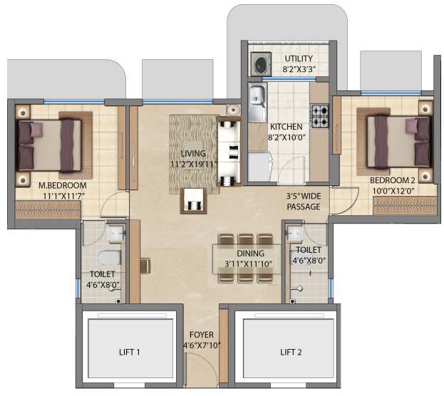 Floor plan of 2 BHK 696 Sq. Ft. Apartment in Lodha Bel Air, Mumbai