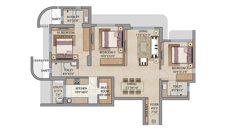 Floor plan of 3 BHK 930 Sq. Ft. Apartment in Lodha Bel Air, Mumbai