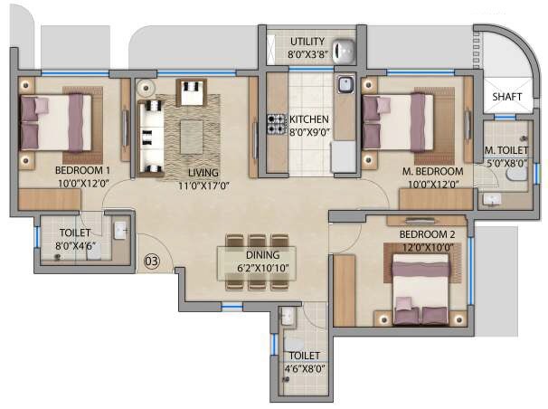 Floor plan of 3 BHK 866 Sq. Ft. Apartment in Lodha Bel Air, Mumbai