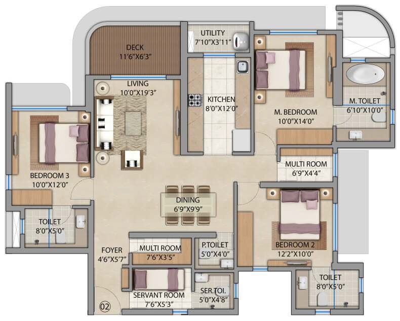 Floor plan of 3 BHK 1017 Sq. Ft. Apartment in Lodha Bel Air, Mumbai