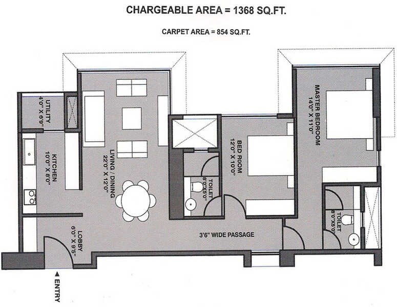 Floor plan of 2 BHK 1368 Sq. Ft. Apartment in Lodha Blue Moon, Mumbai