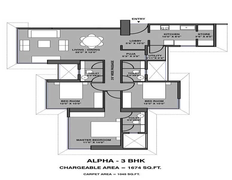 Floor plan of 3 BHK 1674 Sq. Ft. Apartment in Lodha Blue Moon, Mumbai