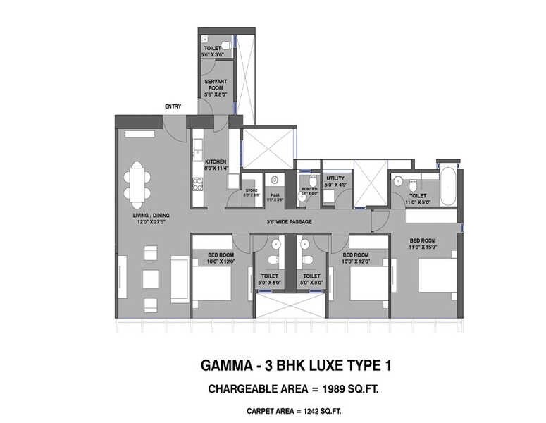 Floor plan of 3 BHK 1989 Sq. Ft. Apartment in Lodha Blue Moon, Mumbai