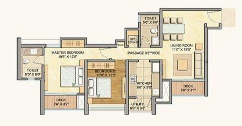 Floor plan of 2 BHK 1275 Sq. Ft. Apartment in Lodha Celestia, Mumbai