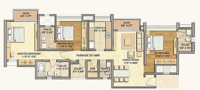 Floor plan of 3 BHK 1800 Sq. Ft. Apartment in Lodha Celestia, Mumbai
