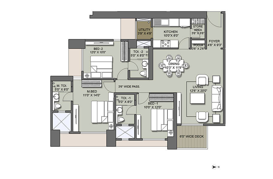 Floor plan of 3 BHK 1764 Sq. Ft. Apartment in Lodha Codename Hidden Jewel, Mumbai