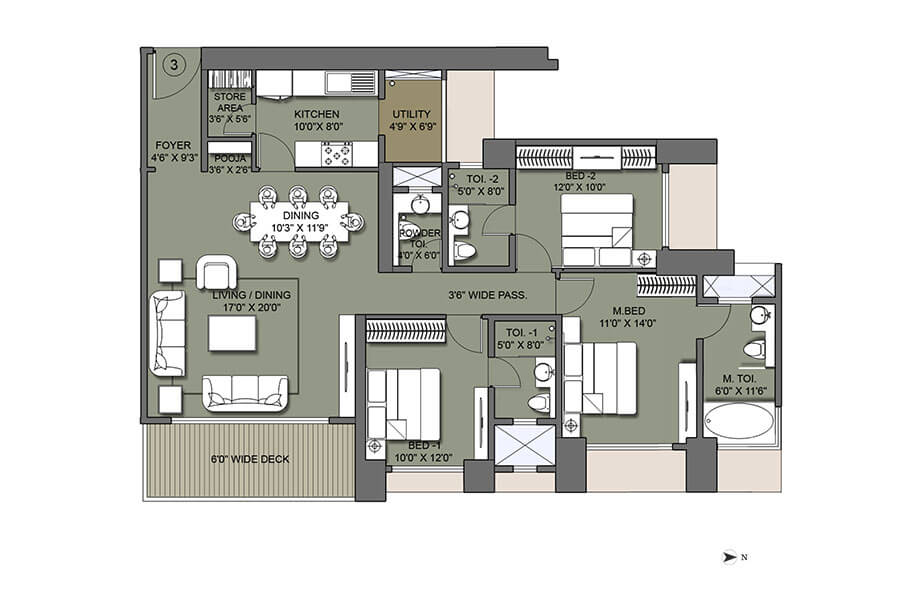 Floor plan of 3 BHK 2034 Sq. Ft. Apartment in Lodha Codename Hidden Jewel, Mumbai