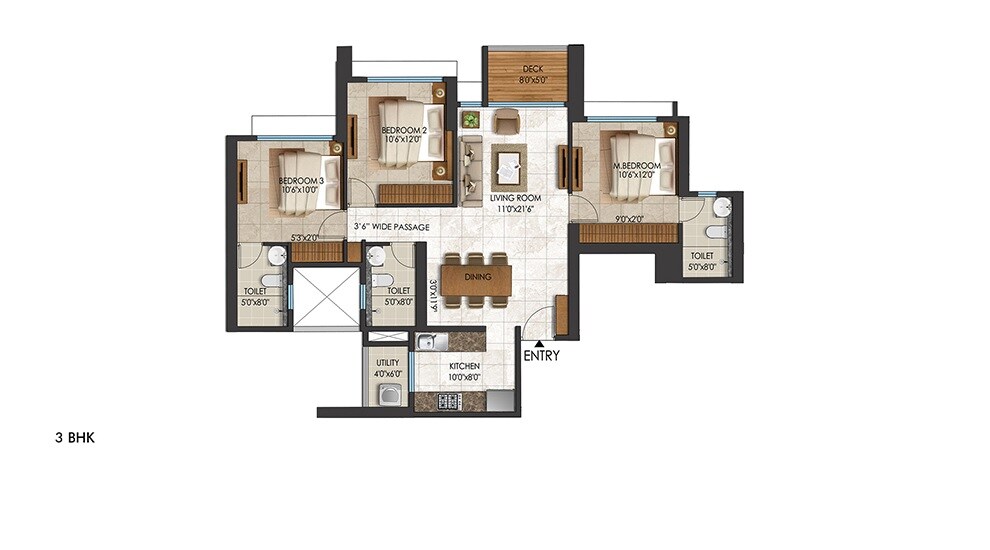 3 BHK 1000 Sq. Ft. Apartment