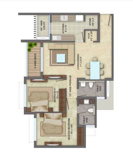Floor plan of 2 BHK 1332 Sq. Ft. Apartment in Lodha Codename Supernova, Mumbai