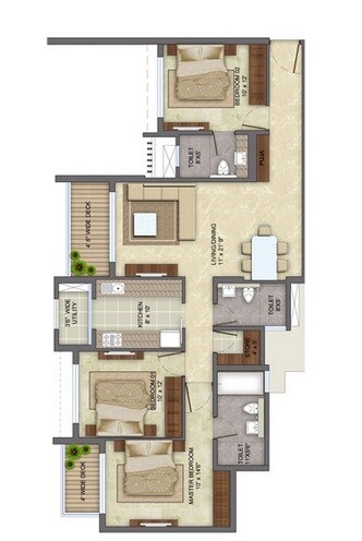 Floor plan of 3 BHK 2016 Sq. Ft. Apartment in Lodha Codename Supernova, Mumbai