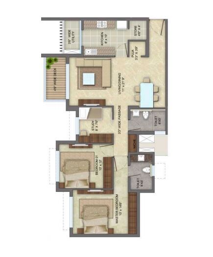 Floor plan of 2 BHK 1341 Sq. Ft. Apartment in Lodha Codename Supernova, Mumbai