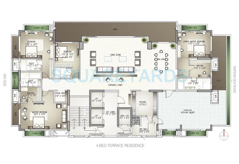 Floor plan of 4 BHK 3150 Sq. Ft. Apartment in Lodha Costiera, Mumbai