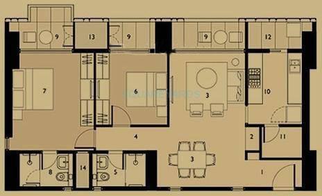 Floor plan of 2 BHK 763 Sq. Ft. Apartment in Lodha Dioro, Mumbai