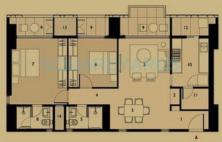 Floor plan of 2 BHK 763 Sq. Ft. Apartment in Lodha Elisium, Mumbai