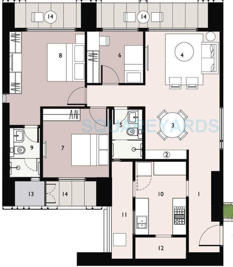Floor plan of 2 BHK 845 Sq. Ft. Apartment in Lodha Elisium, Mumbai