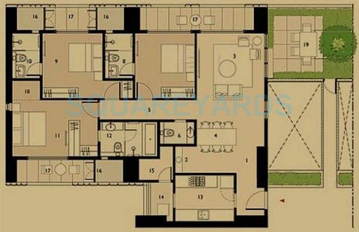 Floor plan of 3 BHK 1069 Sq. Ft. Apartment in Lodha Elisium, Mumbai