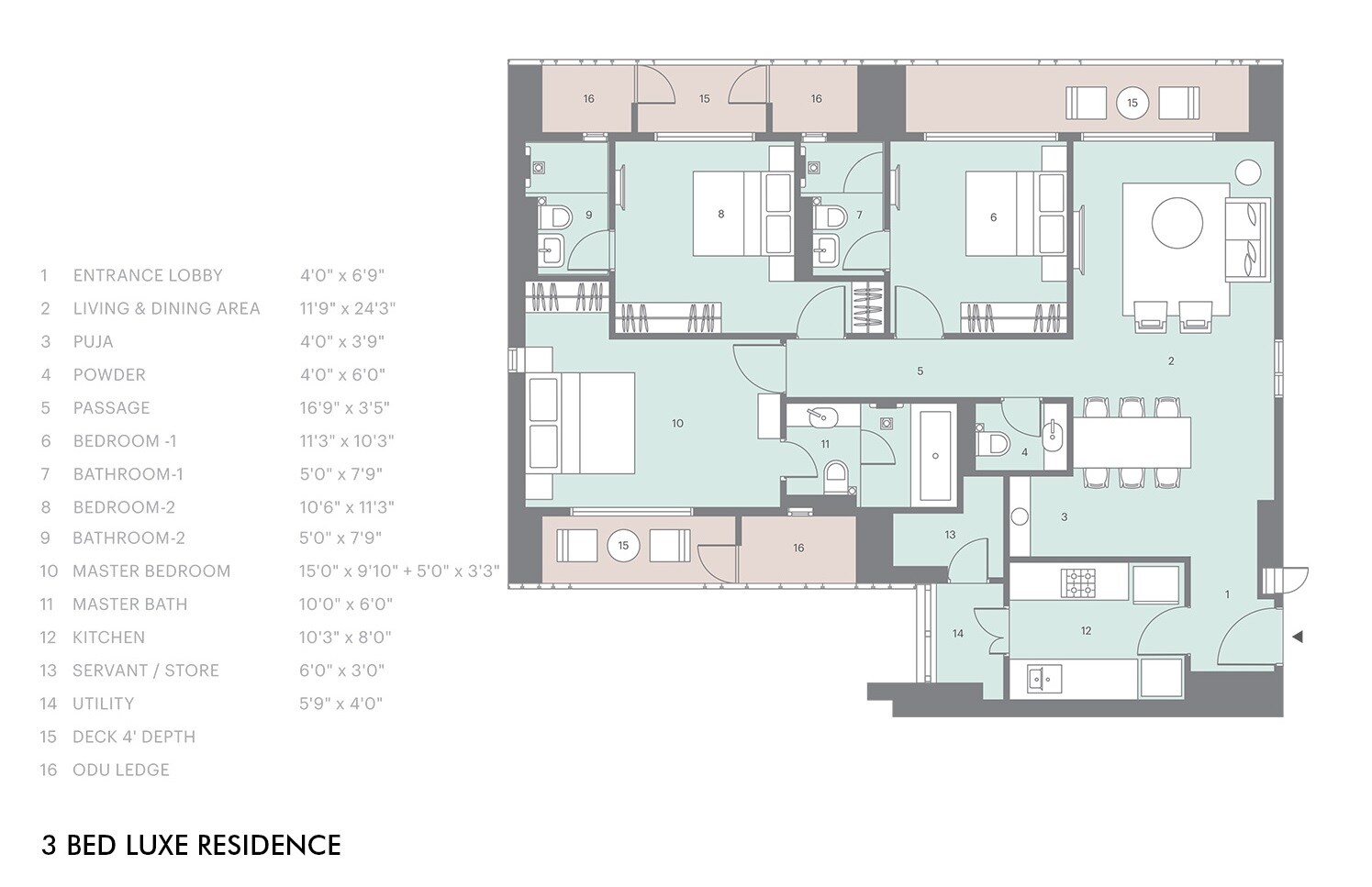 Floor plan of 3 BHK 1069 Sq. Ft. Apartment in Lodha Enchante, Mumbai