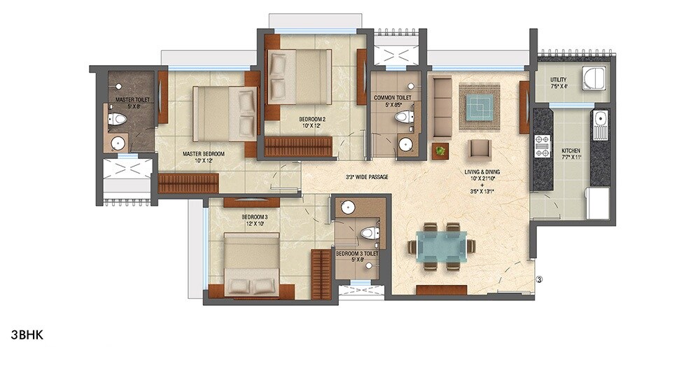 3 BHK 915 Sq. Ft. Apartment