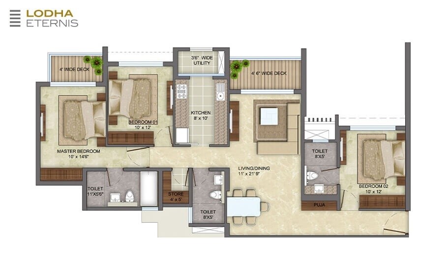 Floor plan of 3 BHK 1195 Sq. Ft. Apartment in Lodha Eternis Natura A, Mumbai