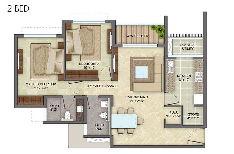 Floor plan of 2 BHK 1026 Sq. Ft. Apartment in Lodha Eternis Phase II, Mumbai