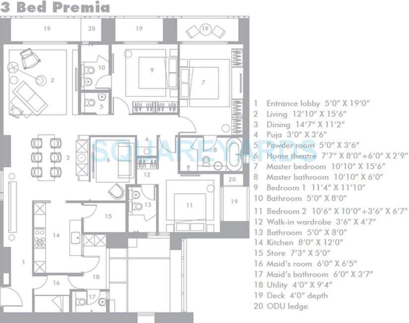 Floor plan of 3 BHK 1364 Sq. Ft. Apartment in Lodha Evoq, Mumbai