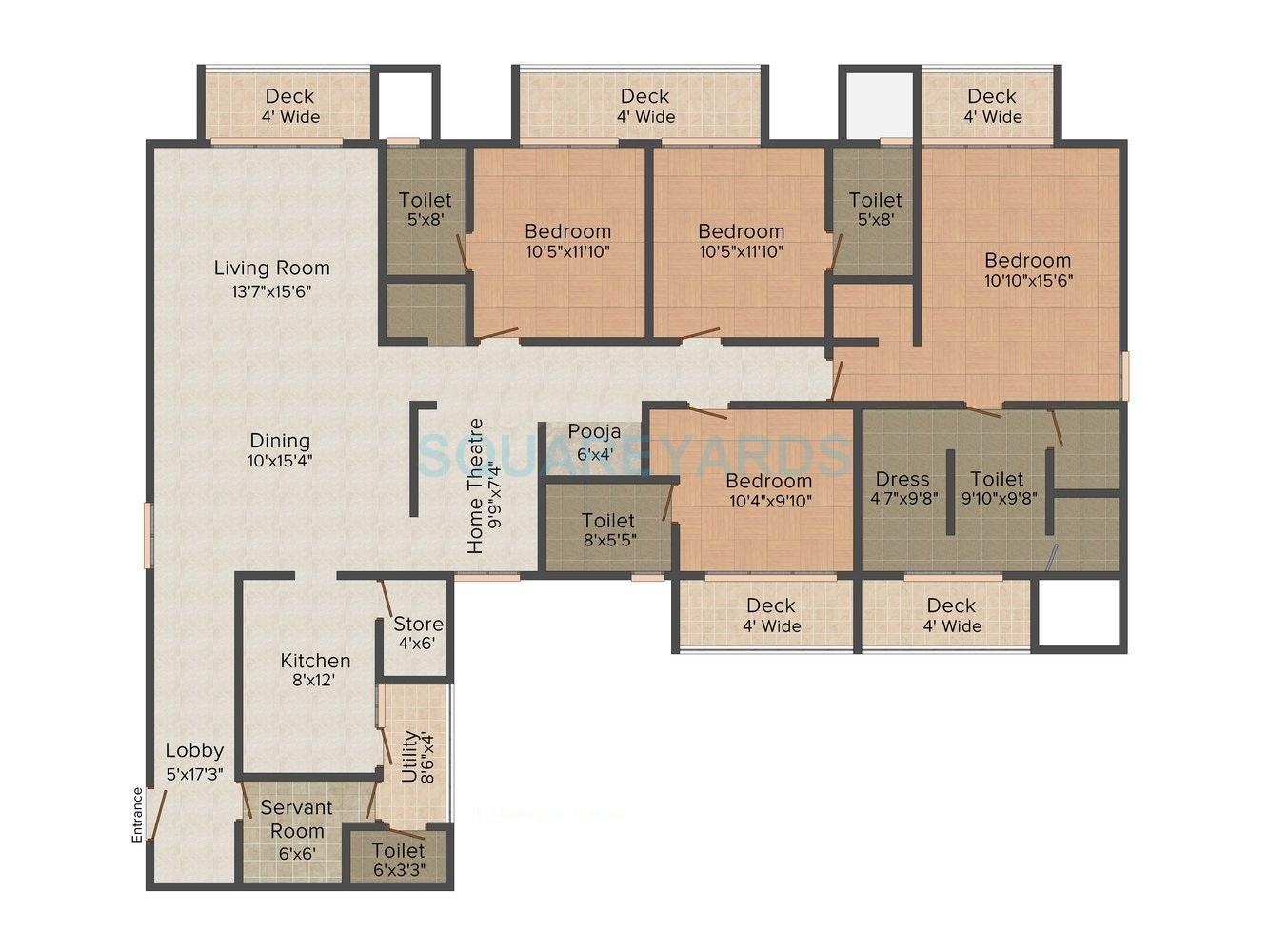 Floor plan of 4 BHK 2130 Sq. Ft. Apartment in Lodha Evoq, Mumbai