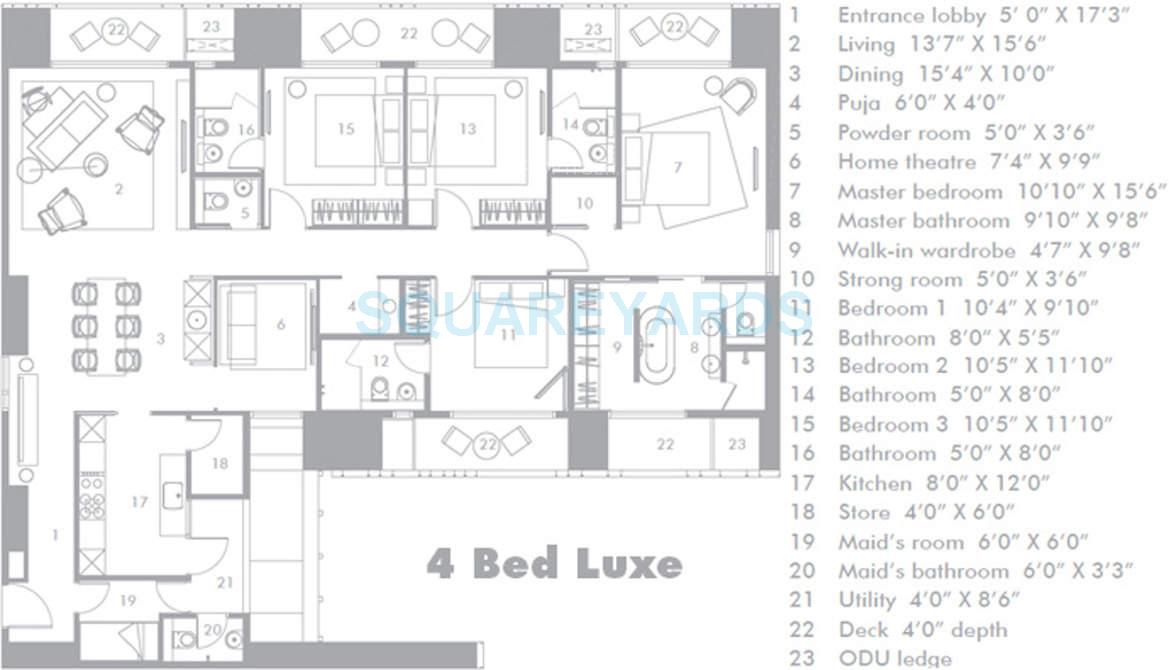 Floor plan of 4 BHK 1629 Sq. Ft. Apartment in Lodha Evoq, Mumbai
