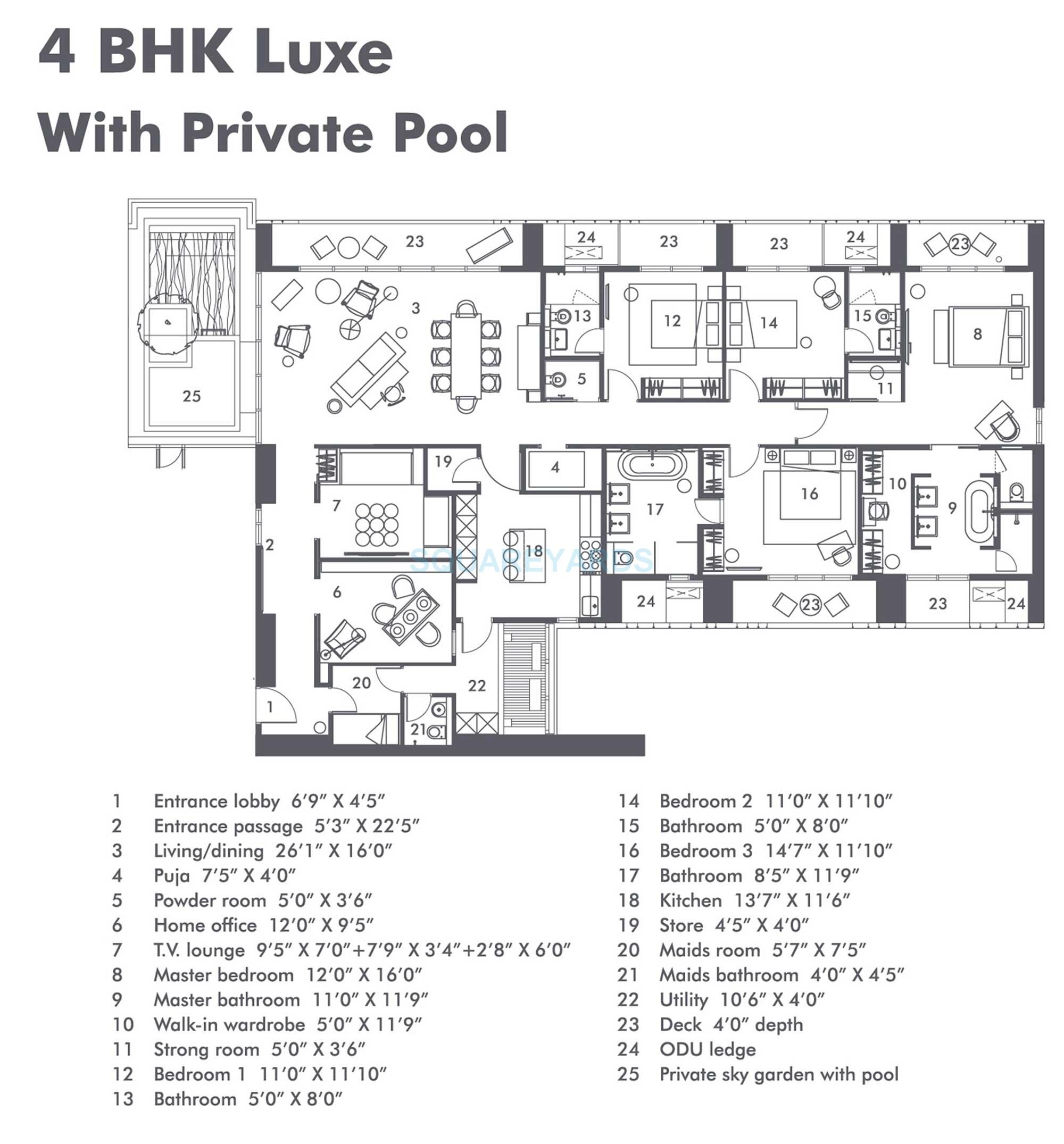 Floor plan of 4 BHK 2700 Sq. Ft. Apartment in Lodha Evoq, Mumbai