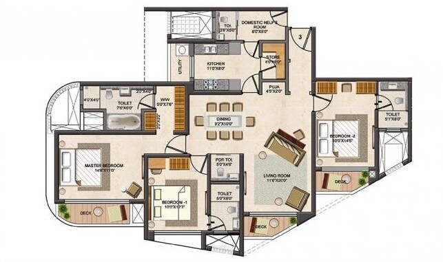 Floor plan of 3 BHK 2205 Sq. Ft. Apartment in Lodha Fashion Paramount, Mumbai