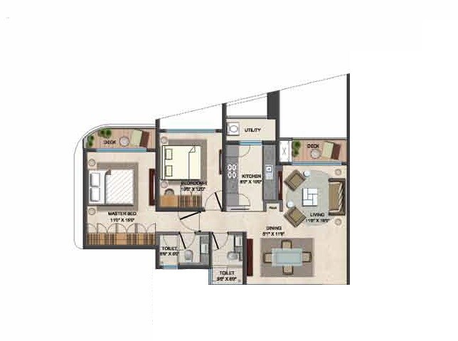 Floor plan of 2 BHK 744 Sq. Ft. Apartment in Lodha Fiorenza, Mumbai