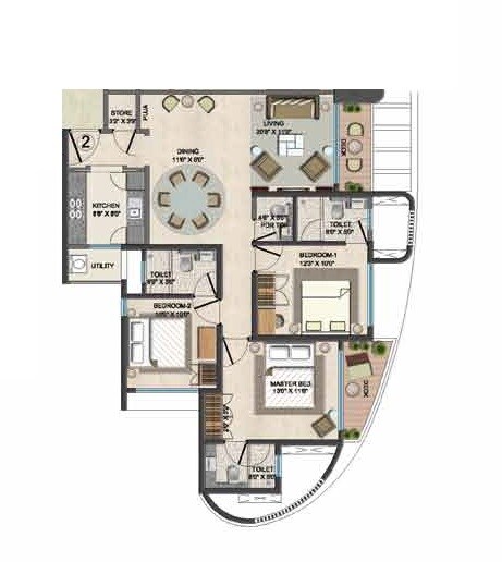 Floor plan of 3 BHK 1025 Sq. Ft. Apartment in Lodha Fiorenza, Mumbai