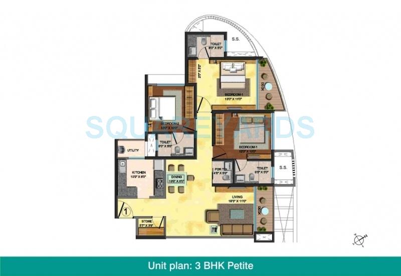 Floor plan of 3 BHK 938 Sq. Ft. Apartment in Lodha Fiorenza, Mumbai