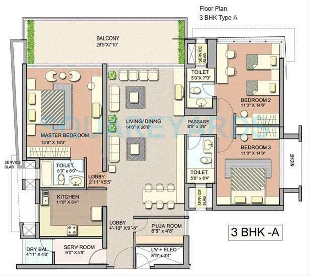 Floor plan of 3 BHK 2187 Sq. Ft. Apartment in Lodha Grandeur, Mumbai