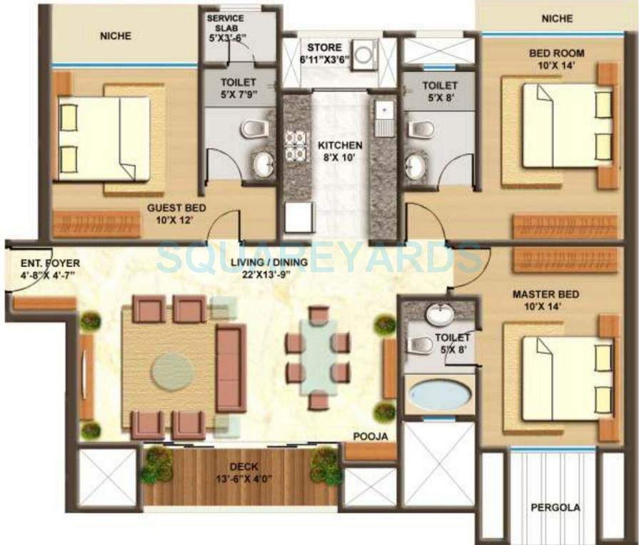 Floor plan of 3 BHK 1557 Sq. Ft. Apartment in Lodha Imperia, Mumbai