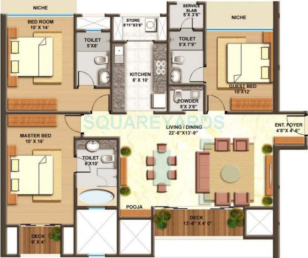 Floor plan of 3 BHK 1683 Sq. Ft. Apartment in Lodha Imperia, Mumbai