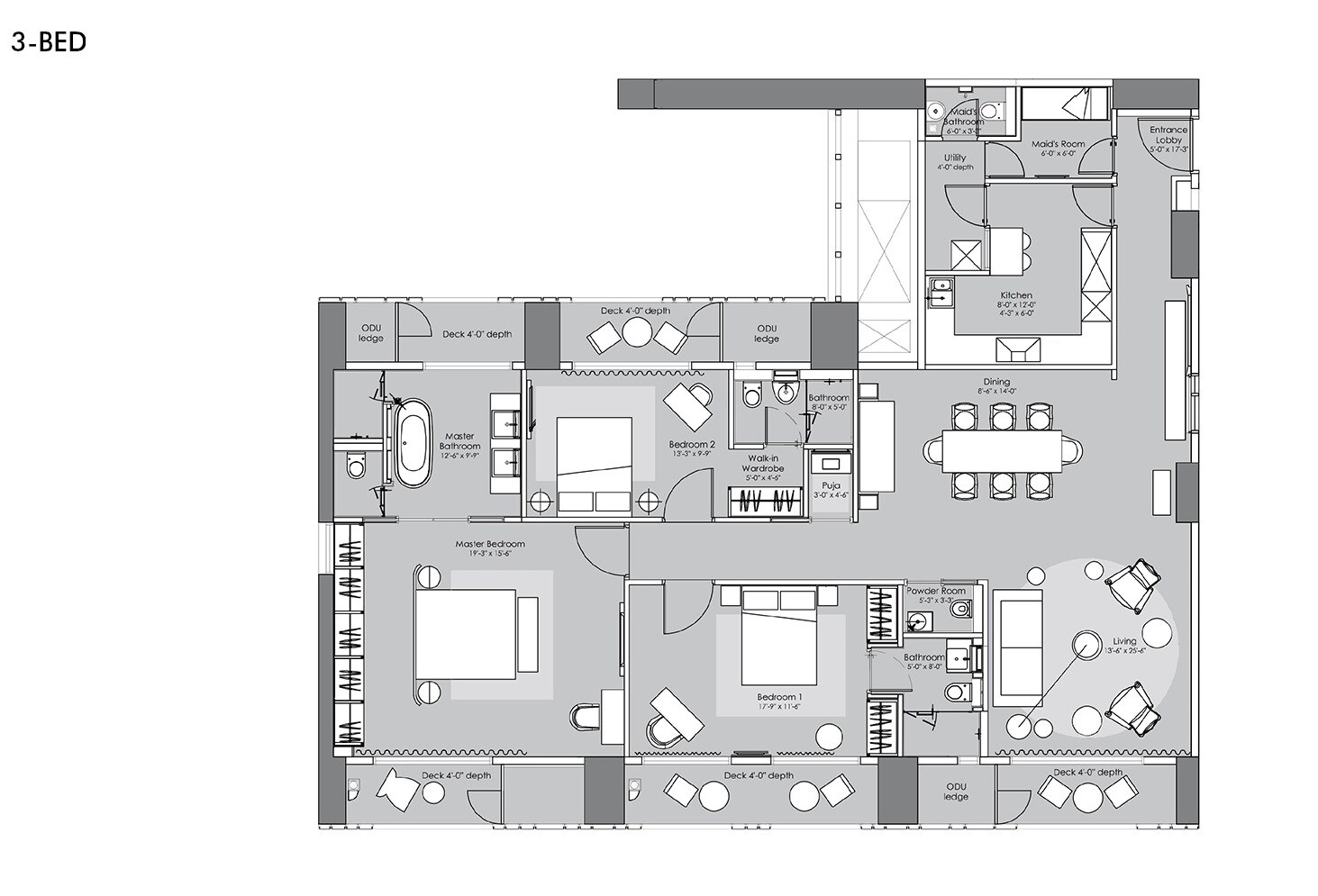 Floor plan of 3 BHK 2340 Sq. Ft. Apartment in Lodha Metropolis, Mumbai
