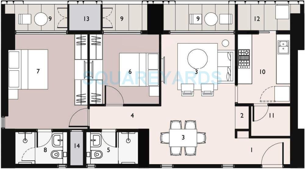 Floor plan of 2 BHK Apartment - 734 sq. ft. in Lodha New Cuffe Parade, Mumbai