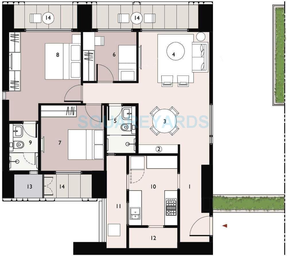 Floor plan of 3 BHK Apartment - 1655 sq. ft. in Lodha New Cuffe Parade, Mumbai
