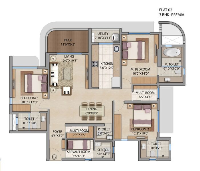 Floor plan of 3 BHK 1189 Sq. Ft. Apartment in Lodha Patel Estate Tower A and B, Mumbai