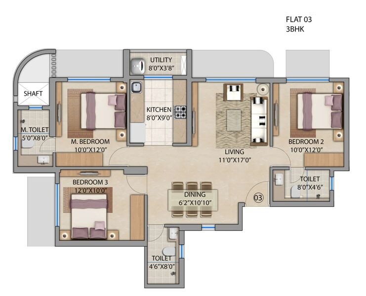 Floor plan of 3 BHK 866 Sq. Ft. Apartment in Lodha Patel Estate Tower A and B, Mumbai