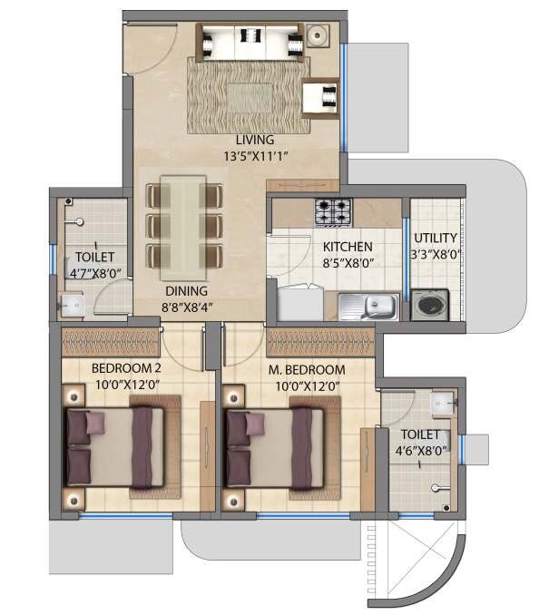Floor plan of 2 BHK 630 Sq. Ft. Apartment in Lodha Patel Estate Tower C and D, Mumbai