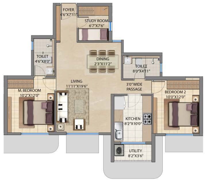 Floor plan of 2 BHK 790 Sq. Ft. Apartment in Lodha Patel Estate Tower C and D, Mumbai