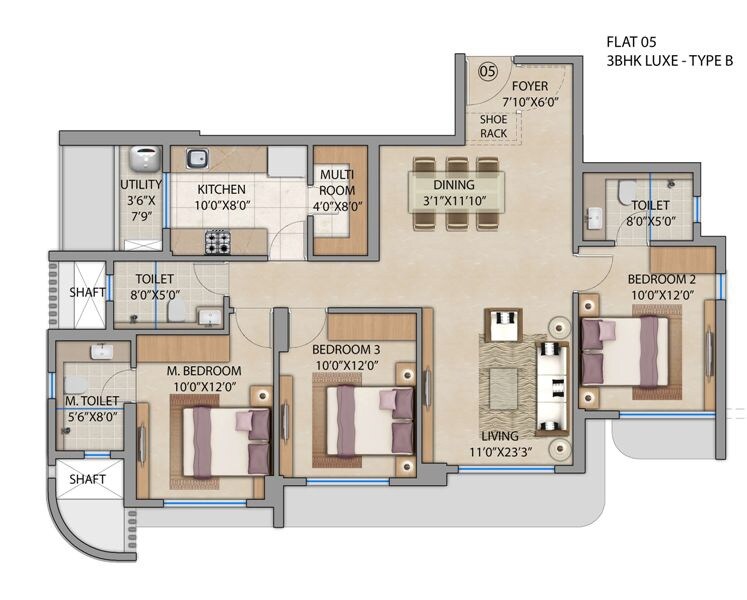 Floor plan of 3 BHK 1023 Sq. Ft. Apartment in Lodha Patel Estate Tower C and D, Mumbai