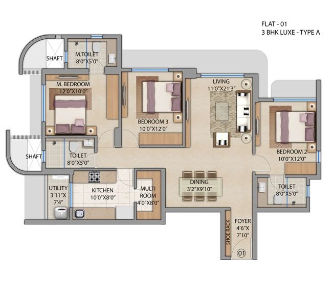 Floor plan of 3 BHK 991 Sq. Ft. Apartment in Lodha Patel Estate Tower C and D, Mumbai