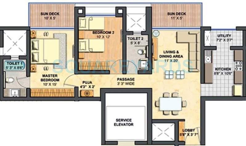Floor plan of 2 BHK 1287 Sq. Ft. Apartment in Lodha Primero, Mumbai